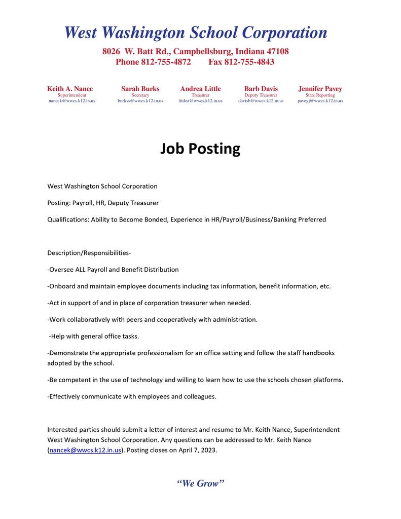 Job Posting- Deputy Treasurer/Payroll